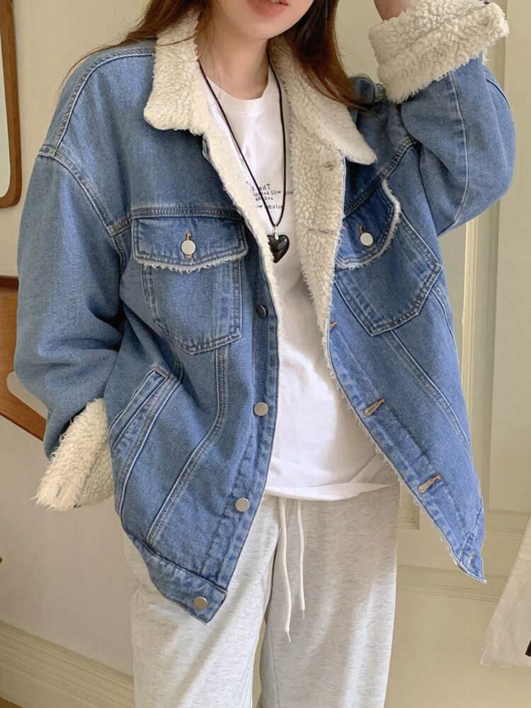 Women's Front Button Long Sleeve Pockets Fluffy Trim Casual Denim Jacket,Thermal Lined