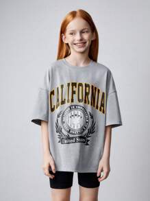 SHEIN Tween Girl 针织纯色字母印花超大 T 恤和紧身裤套装 - 彩色 - 查看 5