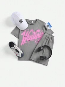 SHEIN Tween Boy Knitted Solid Color Letter Print Short Sleeve T-Shirt And Shorts Casual 2pcs/Set - Grey - View 2