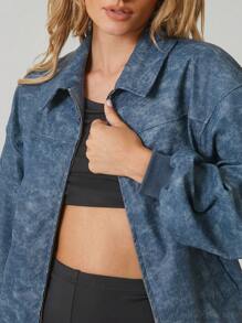 SHEIN EZwear Camiseta casual sencilla con cuello alto, cremallera delantera, manga larga y bolsillo - Azul lavado oscuro - Ver 6