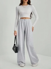 SHEIN Tall 女士休闲贴花阔腿宽松运动裤 - 灰色 - 查看 8