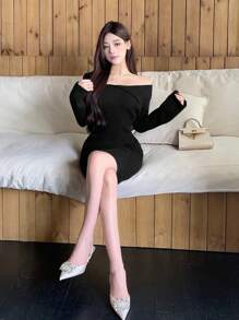 DAZY Vestido de suéter elegante de manga larga con hombros descubiertos, ajustado y de unicolor, ropa de otoño para mujer - Negro - Ver 4
