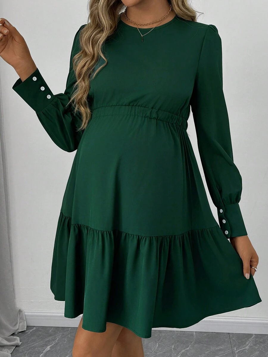 SHEIN Maternity Round Neck Long Sleeve Button Pleated Short Dress - Dark Green - View 1