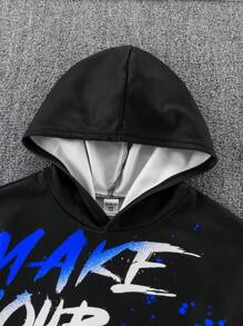 SHEIN Leap Crew 两件套青少年男童涂鸦字母印花卫衣和运动裤套装，秋冬季，黑色，红色 - 寶藍色 - 查看 7