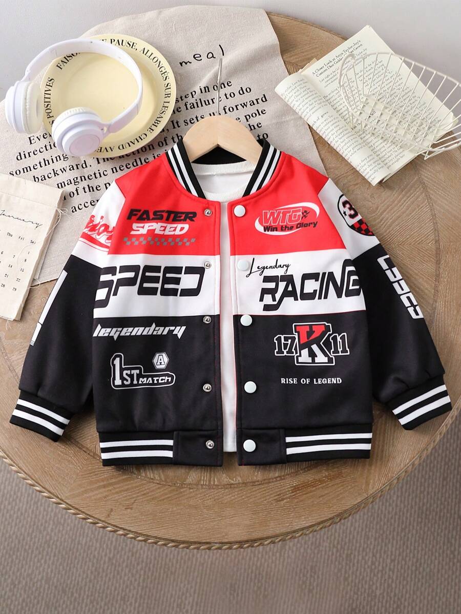 SHEIN Chaqueta con estampado de elementos de motocicleta para niño de moda. Esta chaqueta está diseñada con elementos de motocicleta, mostrando un aspecto elegante y con estilo - Negro - Ver 1