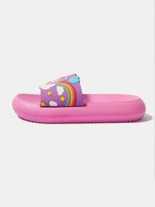 SHEIN X Care Bears Sandalias ligeras con diseño de oso arcoíris lindo para mujer, adecuadas para uso interior y exterior, regalo para el estilo de playa casual - Rosa - Ver 5