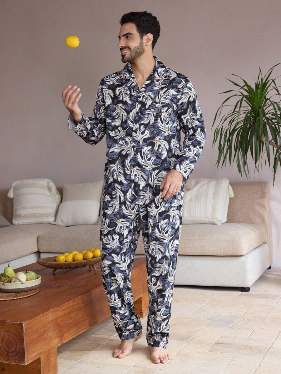 Manfinity ChillVibe Conjunto de pijama de manga larga con estampado botánico para hombre - Multicolor - Ver 1