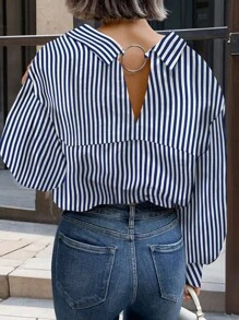 Plus Size Casual Striped Dropped Shoulder Long Sleeve Shirt - 藍白色 - 查看 1