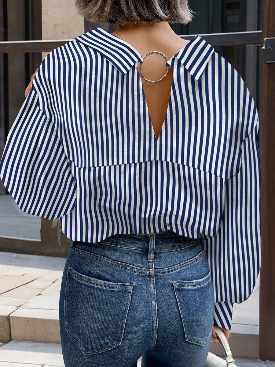 Plus Size Casual Striped Dropped Shoulder Long Sleeve Shirt - 藍白色 - 查看 1