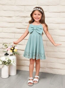 SHEIN Vestido sin mangas con decoración de lazo bonito y unicolor para niña joven, ideal para ocasiones informales - verde menta - Ver 3