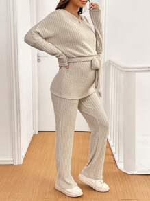 SHEIN 2pcs/Set Maternity Asymmetrical Neck Long Sleeve Top, And Pants Set - Apricot - View 6
