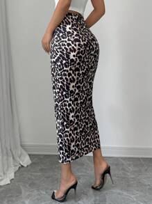 Chiquease Women's Fitted Elegant Pleated Slit Bodycon Leopard Print Pencil Skirt