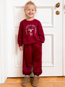 PrepCrw Young Girls' Red Deer Print Knit Loose Crew Neck Long Sleeve Pullover Sweatshirt, Back To School Season, Autumn/Winter