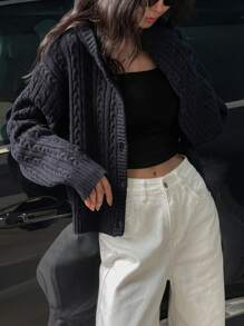 DAZY 女士纯色落肩宽松休闲连帽开衫，秋冬，长袖上衣夹克 - 藏蓝色 - 查看 9