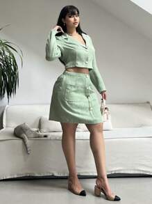 SHEIN Clasi Bộ vest nữ cỡ lớn mùa xuân hè, cổ ve áo, tay dài, cài cúc đơn, gồm áo khoác và chân váy, kiểu dáng thanh lịch, trang phục mùa thu cho phụ nữ. - màu xanh lá - Xem 7