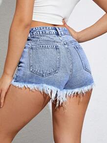 SHEIN EZwear 破洞毛邊牛仔短褲 - 中等水洗藍 - 查看 2