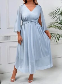 SHEIN Clasi Vestido simple con contraste de malla, cuello en V y fruncido, talla grande - Azul - Ver 6