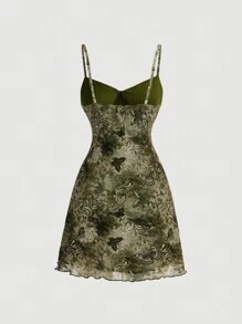 SHEIN MOD 绿色佩斯利印花前系带弹力复古女式吊带裙、女巫裙、吸血鬼裙、秋季女装连衣裙、女装、女牛仔女装、嬉皮士服装