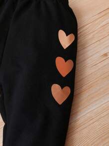 SHEIN Young Girl Heart Print Pullover & Sweatpants - Black - View 5