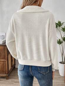 EMERY ROSE 女士纯色拉链羊毛连帽套头衫，宽松版型，休闲，秋冬 - 白色 - 查看 2