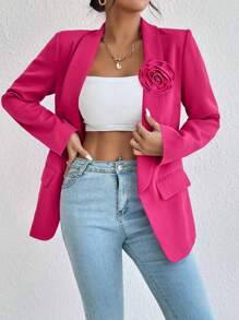 Calvaya Women's Spring/Autumn Solid Color Lapel Collar Long Sleeve Jacket With 3D Floral Brooch Decor