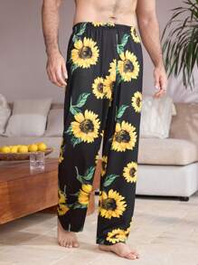 Men Sunflower Printed Lounge Pants - Black - View 3
