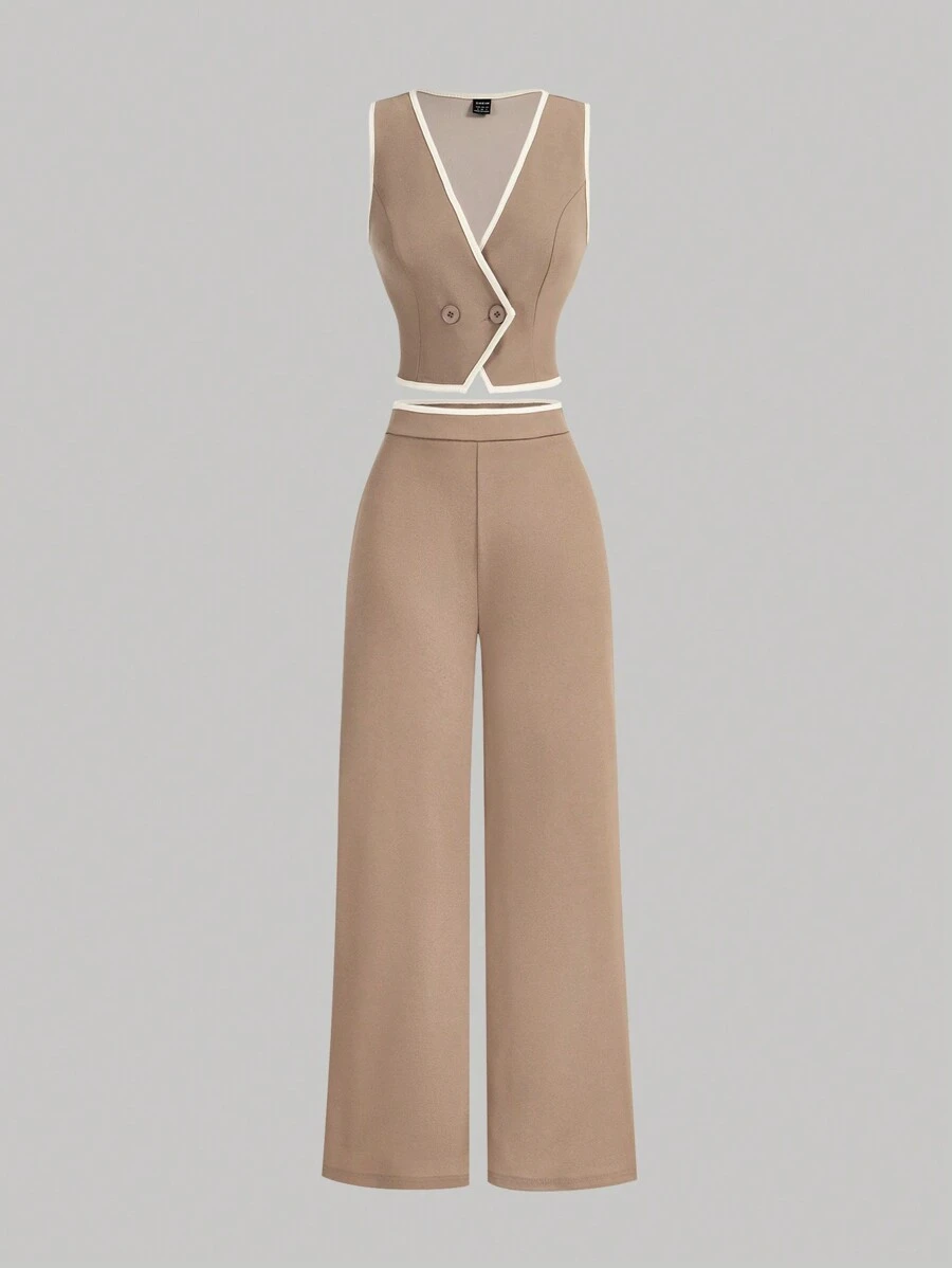 SHEIN MOD Bộ vest blazer màu khối cổ điển dành cho nữ, mùa thu - Lạc đà - Xem 1