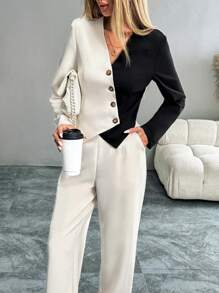 Chiquease Black & Beige Jacket And Pants Suit Set - Apricot - View 6