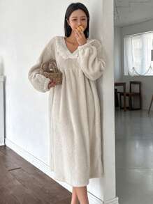 DAZY Flannel Ruffle Trim Loose Nightgown Pajama,Thermal Lined Fall,Winter - Grey - View 8