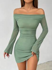 SHEIN PETITE 网眼鼠尾草色开心果色性感露肩褶皱女式迷你短款小 A 字下摆女式连衣裙