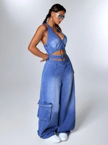 Jeanoix 女士夏季时尚镂空牛仔连体裤 - 藍色 - 查看 5