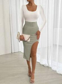 Chiquease Vestido ajustado de tipo 'ajustado' con panel de dos tonos, cintura elástica de punto acanalado de gran elasticidad, abertura alta en la cintura, elegante, para commuter, casual - Verde - Ver 3