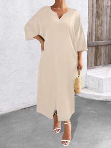 SHEIN Clasi 大码休闲纯色蝙蝠袖连衣裙 - 杏色 - 查看 3