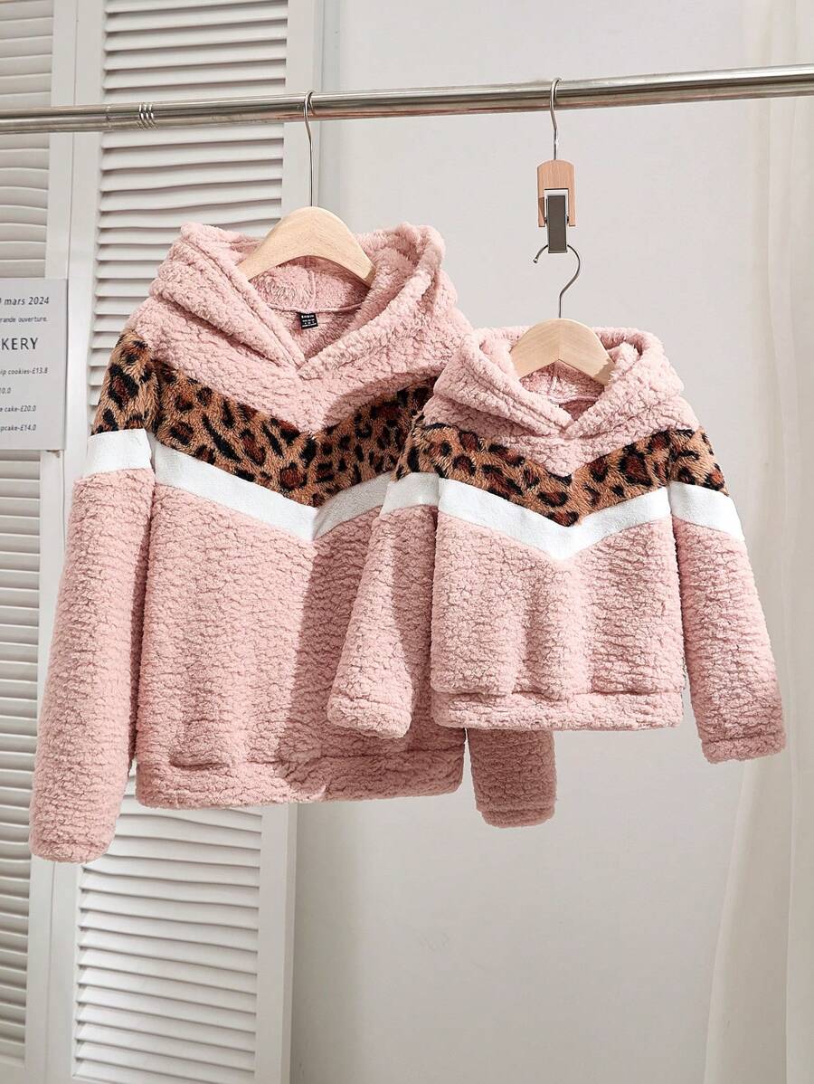 女士新款秋冬复古蓬蓬豹纹V领连帽加厚加绒厚毛衣加绒厚毛衣（母女同款装，2件分开售） - 彩色 - 查看 1