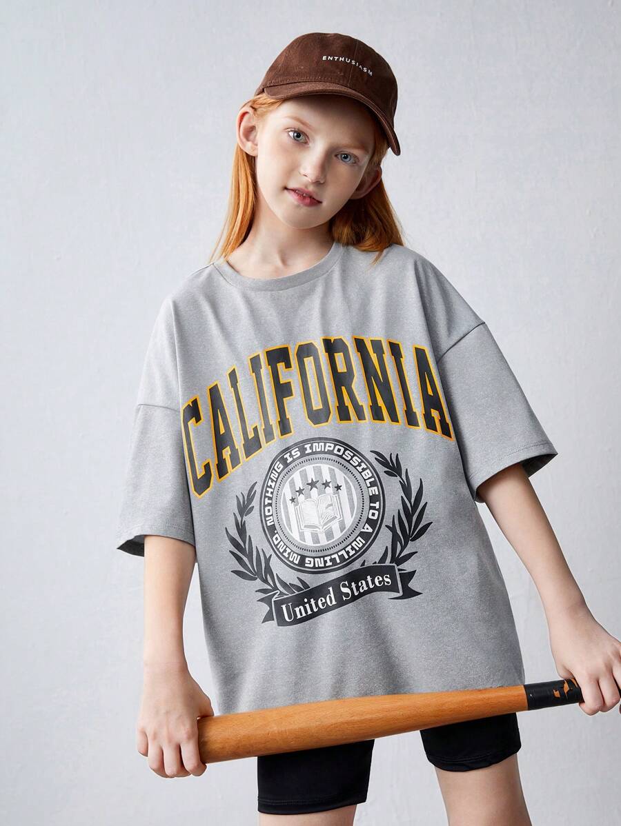 SHEIN Tween Girl 针织纯色字母印花超大 T 恤和紧身裤套装 - 彩色 - 查看 1