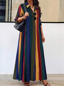 EMERY ROSE Große Größen Kleid mit Revers-Kragen, durchgeknöpft, Langarm, farbenfroher gestreifter, eleganter, lässiger Blume Muster, bodenlang, Damen Outfit