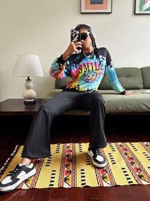 SHEIN 2 peças adolescentes meninas casual tie-dye streetwear simples EUA gráfico moletom e calças de bicicleta conjunto