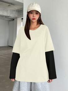 DAZY Women's Round Neck Drop Shoulder Contrast Color Casual Loose Long Sleeve T-Shirt, Spring/Summer