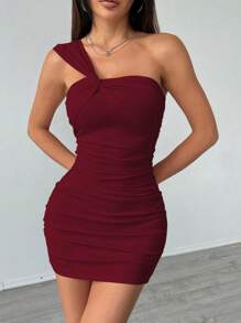 SHEIN Unity Women's Summer Solid Color Sleeveless Pleated Slim Mini Dress For New Year Clothes - Red - View 6