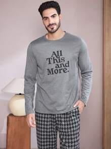 2 stuks heren ronde hals letter print lange mouwen top en geruite zak lange broek nachtkleding set