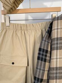 SHEIN 2 件青少年男童休闲格子领衬衫和工装裤套装，适合秋季、冬季、学院、休闲、运动、生日派对、户外、百搭和简约