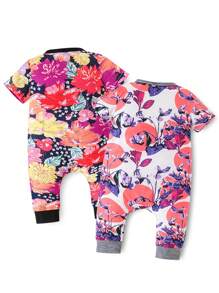 2pcs Baby Girls' Cute Floral Print Romper Set, Spring/Summer/Autumn