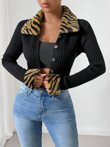 Chiquease Women's Long Sleeve Cardigan With Fluffy Collar & Zebra Pattern