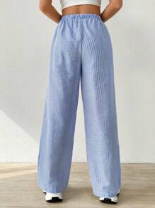 SHEIN EZwear 系带条纹休闲裤 - 藍白色 - 查看 2