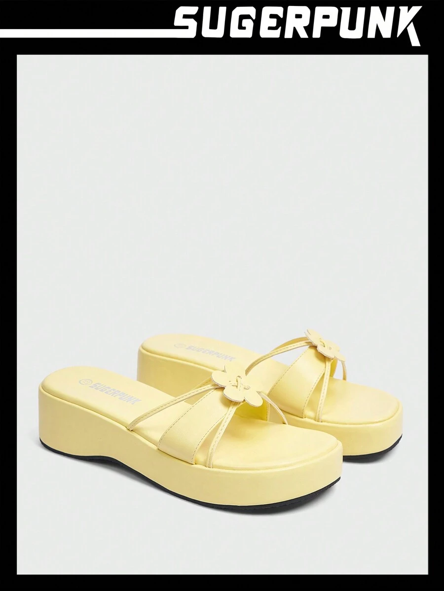 Sugerpunk Dép đế xuồng La Mã trang trí hoa 3D theo phong cách nghỉ mát mùa thu - Màu vàng - Xem 1