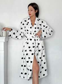 DAZY Áo choàng tắm họa tiết sọc trái tim bằng vải nỉ dày - trắng - Xem 6