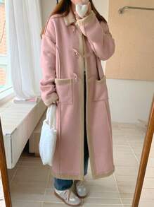 DAZY 女士纯色蓬松拼接长袖口袋休闲外套，秋季女装，保暖内衬 - 粉色 - 查看 2