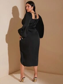 SHEIN BAE Vestido largo de manga larga con mangas de linterna plisadas cruzadas de satén negro elegante para mujer de talla grande, vestido de invitada de boda de otoño, vestido de regreso a casa