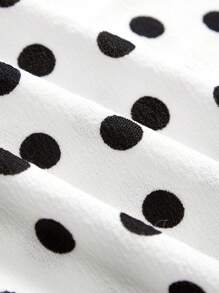 SHEIN Essnce 女士可爱波尔卡圆点印花 Polo 领褶皱收腰短款 Polo 衫，女士服装，波尔卡圆点短 T 恤，白色 T 恤，Polo 衫 - 白色 - 查看 6