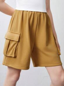 SHEIN Quần áo bảo hộ lao động dệt kim Tween Girl màu trơn có túi quần short thông thường - Nhiều màu - Xem 1